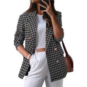 Women's Plaid Tweed Blazer  Long Sleeve Double Breasted Open Front Jacket Suit